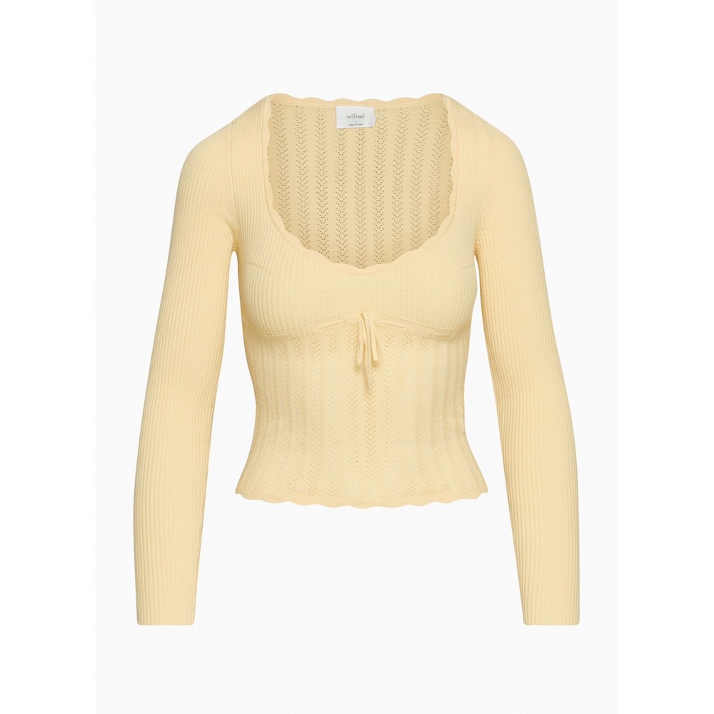 Wilfred Aritzia Yellow Soloist Pointelle Knit Babydoll Sweetheart Sweater M
